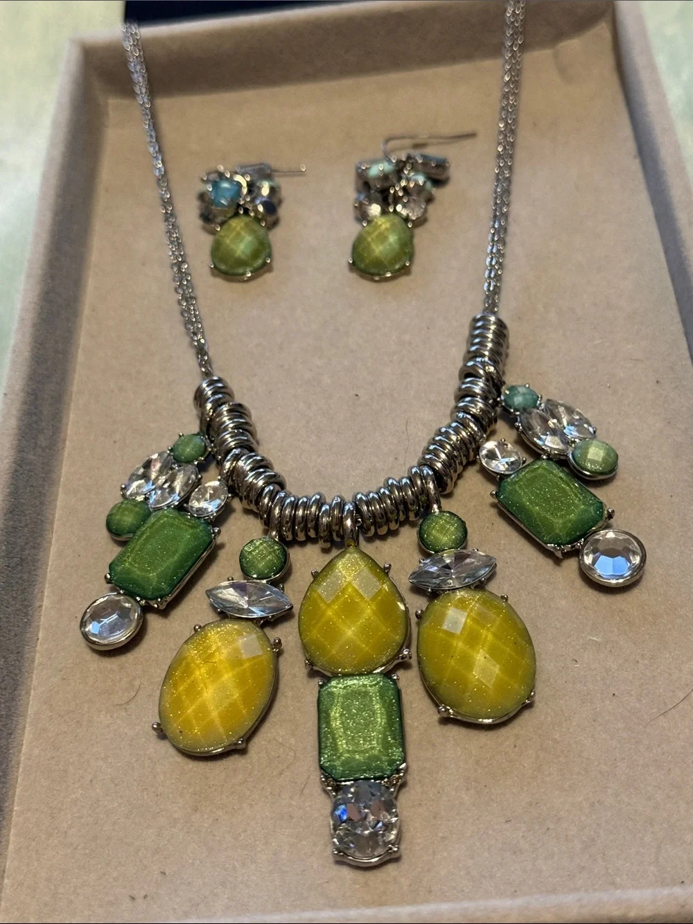 New York & Company Yellow and Light Green Statement Necklace & Earring Set